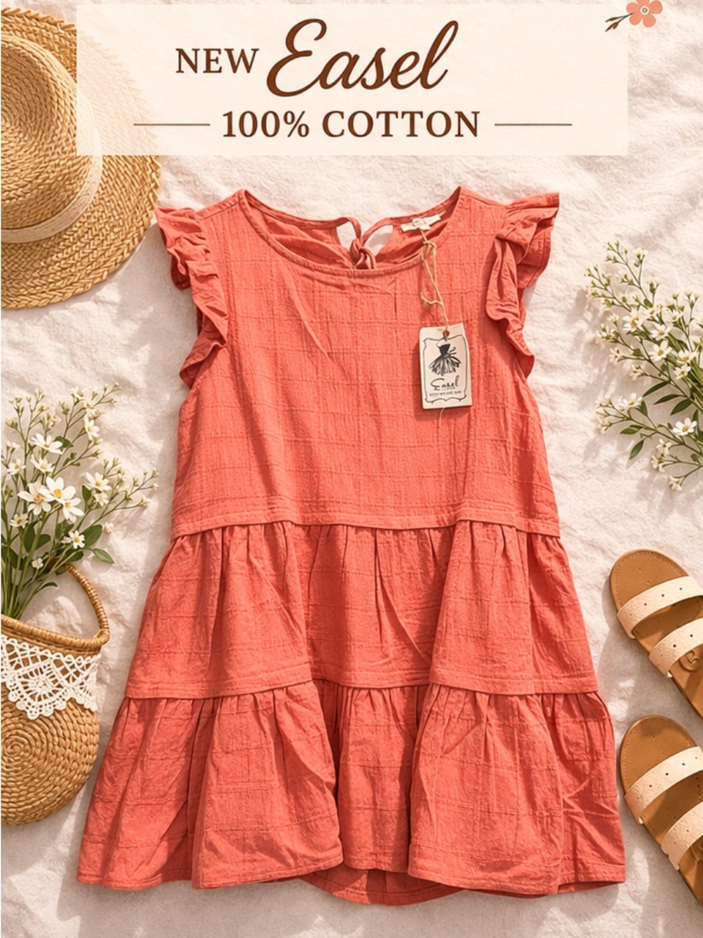 Easel Coral Gauze Tiered Top Ruffle Sleeve Boho Cottagecore NWT 100% cotton